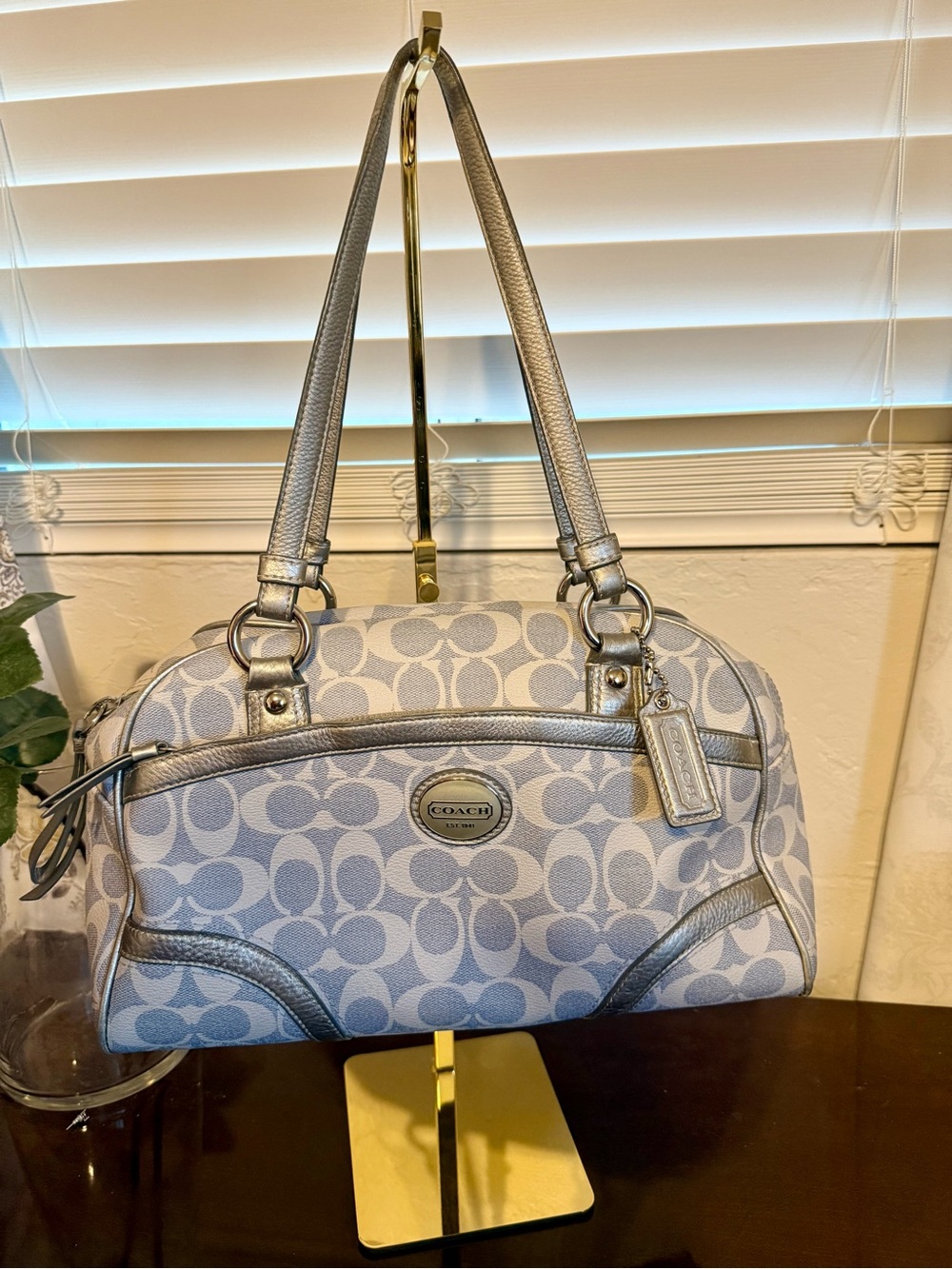 Coach Light Blueish Gray Signature Dome Satchel with Silver Trim